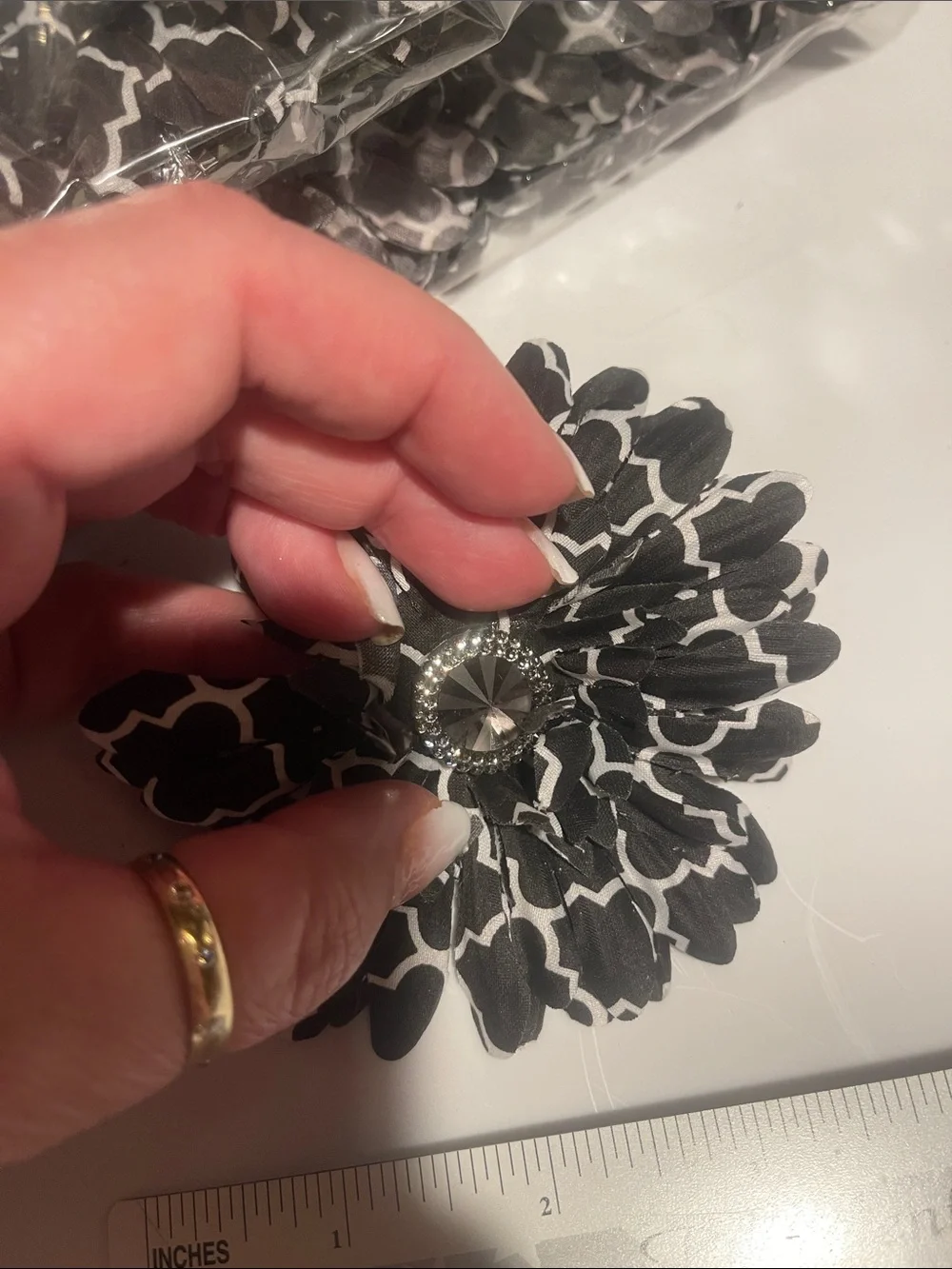 Black & White Floral Fabric Flowers diy 3 dozen large crafts rhinestone Center